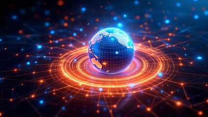 Wall Mural - A digital globe surrounded by glowing rings and interconnected data points, representing global networks.