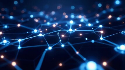 Wall Mural - Abstract network of interconnected nodes glowing with blue and orange light, representing a complex system or connection.