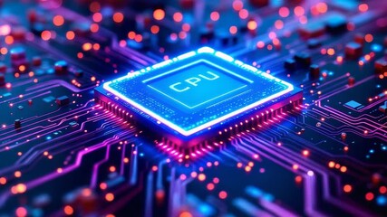 Wall Mural - A close-up view of a glowing CPU chip on a circuit board, showcasing intricate electronic pathways.