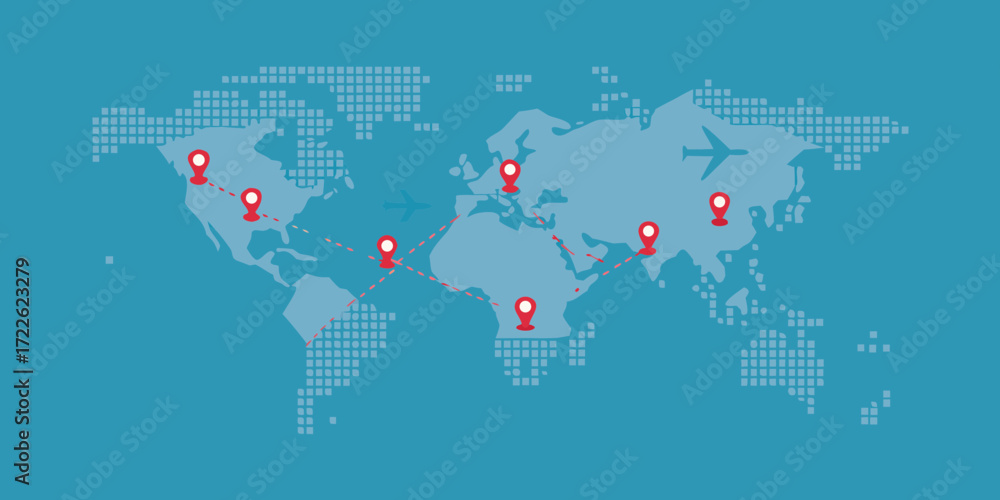 Global travel routes connecting various locations across the world map ...