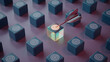 © ABDUL - A dart hitting a glowing target cube surrounded by dark blue target cubes on a purple surface
