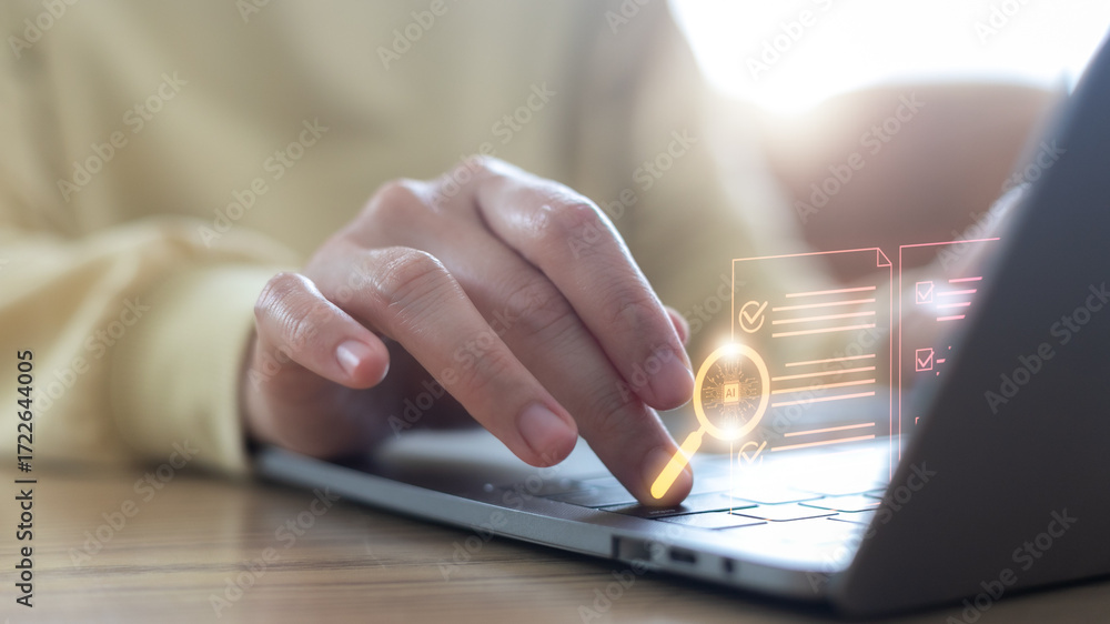 Hand Typing Computer Inquiry Hand typing on a laptop with an AI digital document checklist, online ...