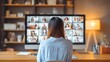 © Cheewynn - A woman sits at a desk, attending a virtual video conference with multiple people displayed on her large computer screen