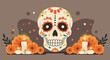 © tika - A vibrant flat design illustration of a traditional Mexican Calavera (sugar skull) adorned with colorful marigold flowers and subtle candle elements, celebrating the festive spirit of Día de Muertos.