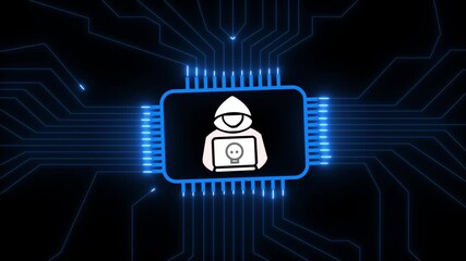 Hacker icon with circuit board and digital network. Cyber security concept showing data threat and online risk. Hacker icon on circuit board with blue lines technology.4k animation .