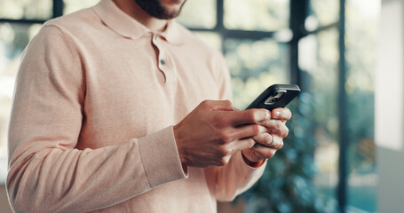 Phone, hands and man in home with networking, communication or chatting on mobile app. Technology, typing and male person with cellphone for email, texting and social media online in apartment.
