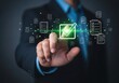 © MstMorjina - Businessman touching glowing green checkmark on digital screen with documents hand finger