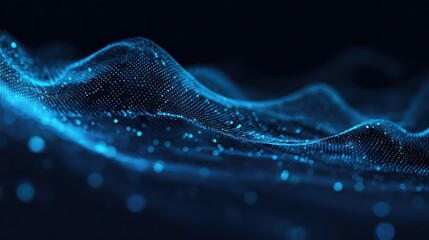 Wall Mural - Abstract digital rendering of undulating, luminous blue particles on a dark background, evoking a sense of depth and movement