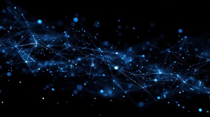 Wall Mural - Abstract digital art depicting a flowing network of interconnected nodes and lines, glowing blue against a black background, creating a sense of movement and connectivity