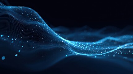 Wall Mural - Abstract blue particle wave with dynamic flow on a dark background, softly focused