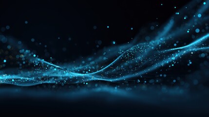 Wall Mural - Abstract fluid lines of blue and gold shimmer, with bokeh on a black background