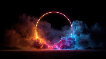 Wall Mural - Neon ring glows in colorful smoke against a black background, abstract composition