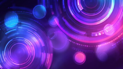 Wall Mural - Abstract digital circles overlay with bokeh blur in blue and purple tones