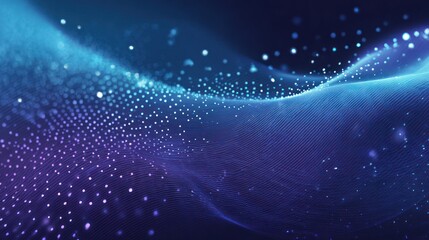 Wall Mural - Abstract digital art featuring a flowing wave of vibrant blue and purple particles on a dark background. The particles vary in intensity, creating a sense of depth and movement