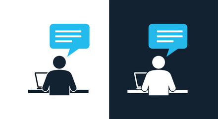 Person at computer with chat bubble icon representing communication and online conversation