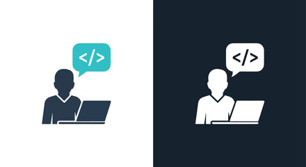 Programmer coding icon with laptop and chat bubble symbolizing development