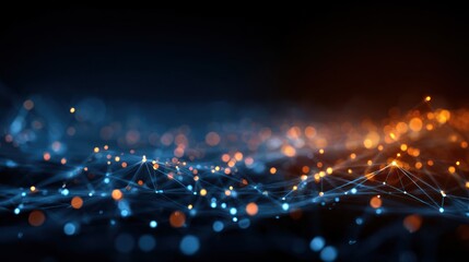 Wall Mural - Abstract digital landscape with connected dots, glowing in blue and orange gradient