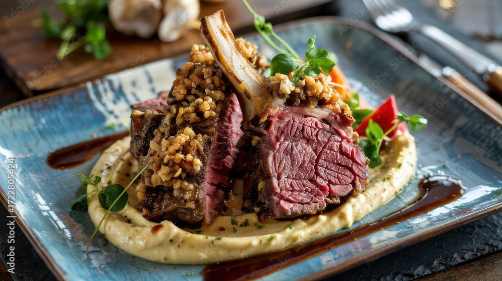 Horseradish crusted beef rack of lamb with walnut coating served on ...