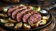 © NATALIIA - Smoked beef chuck sliced medium-rare on cast iron platter with roasted potatoes, colorful peppercorns and fresh herb garnish for gourmet dining