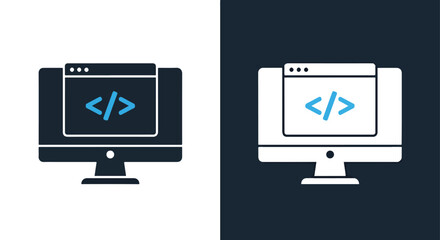 Computer monitor displaying code symbol icon two versions dark and light theme for software development