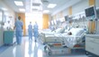 © Mystic - Blurred view of a hospital ward featuring hospital beds, medical equipment, and healthcare workers. Bright, sterile environment, focus on care