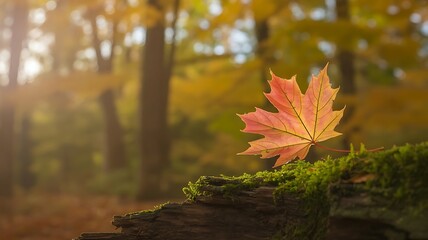 A single orange maple leaf rests on mossy wood in a sundappled forest during autumn, with blurred trees in the background.