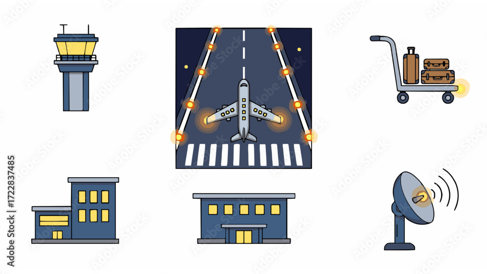 Airport and Aviation Icons Featuring Aircraft, Control Tower, Terminal ...