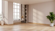 © LEKSTOCK 3D - Empty room with large window, natural light, and wooden floor for background.3d render