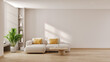 © LEKSTOCK 3D - Cozy and minimal interior background  , white sofa with blank wall for copy space and indoor plant. 3d render