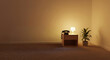 © leeeel356 - Aesthetic retro minimal room with vintage rotary phone, glowing lamp, wooden drawer and indoor plant, perfect for nostalgia and lifestyle design use