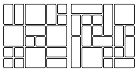 Bento grid abstract layouts with geometric tiles and rounded corners. Modern modular UI design panels, trendy web interface templates, collage frames and infographics. Vector illustration.