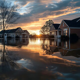 Submerged homes: The image captures a flooded neighborhood with homes half-submerged in water, reflecting a sunset sky