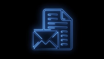Neon style email and document icon animation with glowing blue lines on a black background