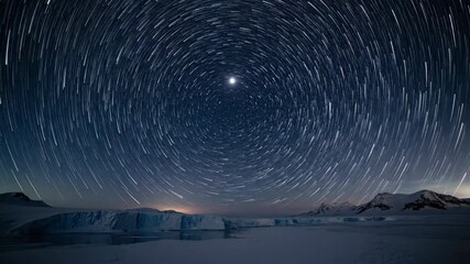 Wall Mural - polaris appears as a fixed point while other stars swirl in arcs around it over an arctic icy landsc