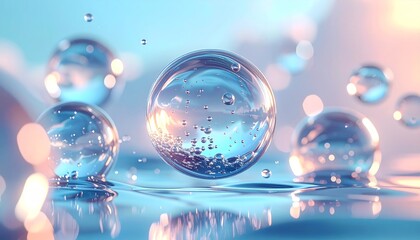 Wall Mural - A clean blue sphere floats in water with light reflecting off of it, like a transparent glass globe