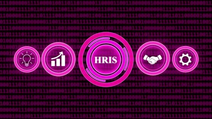 HRIS Human Resources Information System Icons with Digital Binary Code Background in Blue Neon Glow.