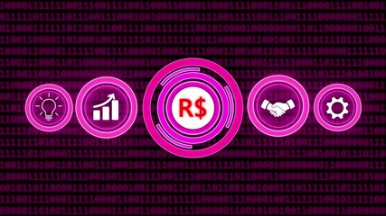 Pink Neon Business Icons Including Brazilian Real Symbol Against Digital Binary Code Matrix finance crypto currency.