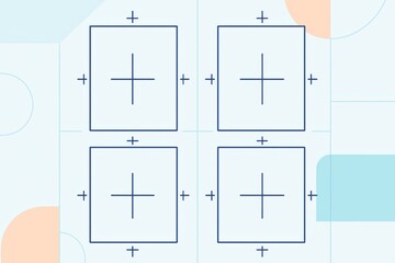 Abstract blueprint layout with four geometric square modules on light background.