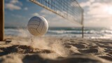 Beach volleyball mid air sand splashing from impact near net and ocean waves under  cloudy sky
