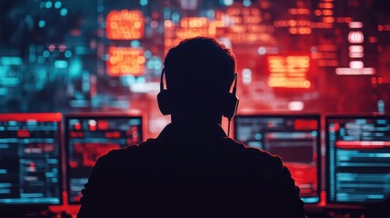 A hacker is working on a computer in a dark room with multiple monitors and red and blue lights