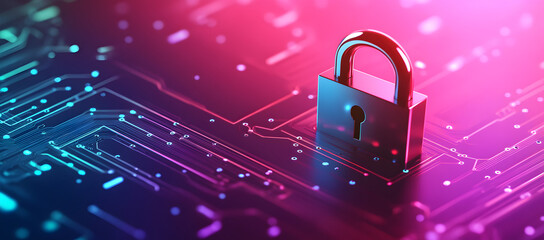 Modern digital illustration with padlock symbol, futuristic data elements and network design, secure technology concept background with blank space for product placement or promotional text