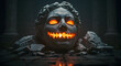 © Arthur Constantine - Spooky Sculpture with Glowing Orange Eyes and Carved Pumpkin Smile on Dark Stone Background