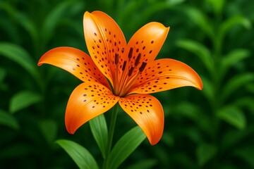 Wall Mural - Bright orange lily flower in full bloom with dark spots, shown against a lush green background with soft light and shallow depth of field. Ai generative