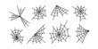 © LENNAMATS - Spider web set, isolated on white background. Halloween silhouettes black line spiderweb or cobweb - for design decor. Hand drawn cobwebs. Vector illustration, traditional Halloween decorative element