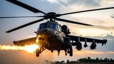 Military helicopter in flight at sunset