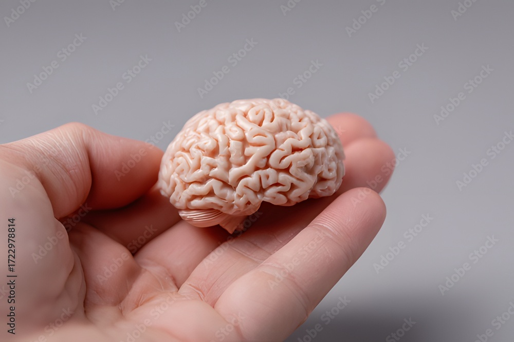 Finger Brain Human fingers holding a tiny model of a human brain symbolizing ...