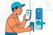 © Pixels Hunter - Man unlocking smart door using phone and keycard with digital pad on light indoor background, depicting modern home security technology concept. Ai generative