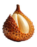 A partially opened salak fruit reveals creamy, off-white segments within its reddish-brown, scaly exterior, set against a black background