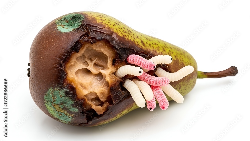Intriguing rotten pear with vibrant candy maggots, strikingly isolated ...