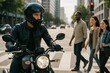 © Who is Danny - Man on motorcycle waiting at crosswalk as pedestrians walk across sunny urban street with modern buildings in the background during daylight. Ai generative